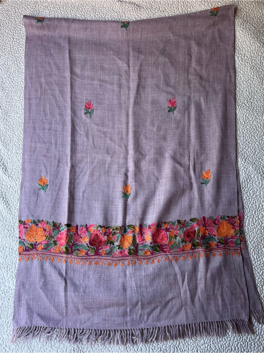 Embroidered Lavender Shawl Scarf Floral Flowers Fringe Beautiful Purple Orange
